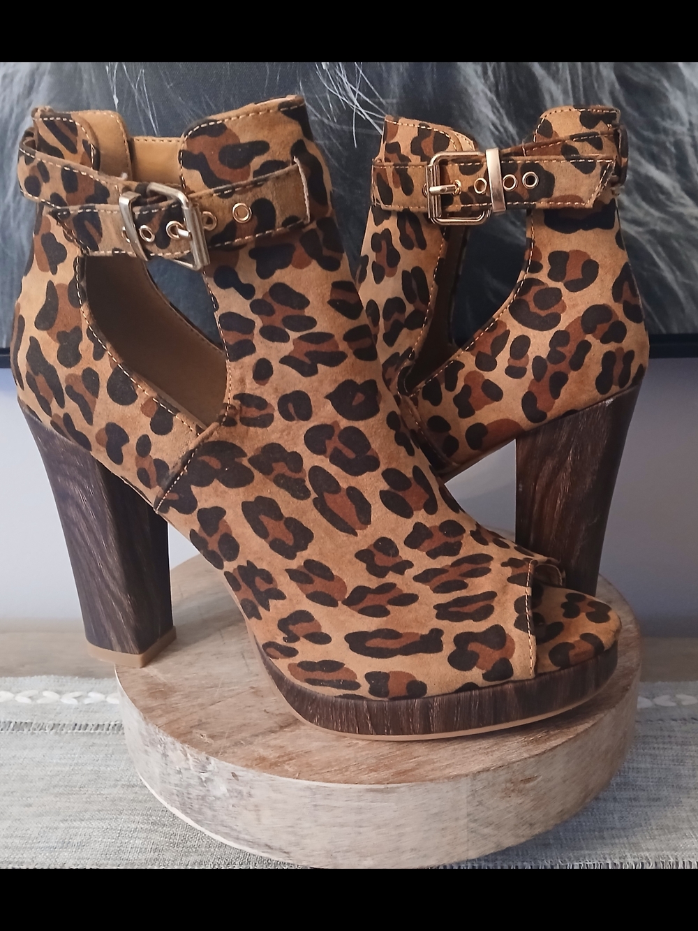 Leopard Print Peep-Toe Ankle Strap Block Heels